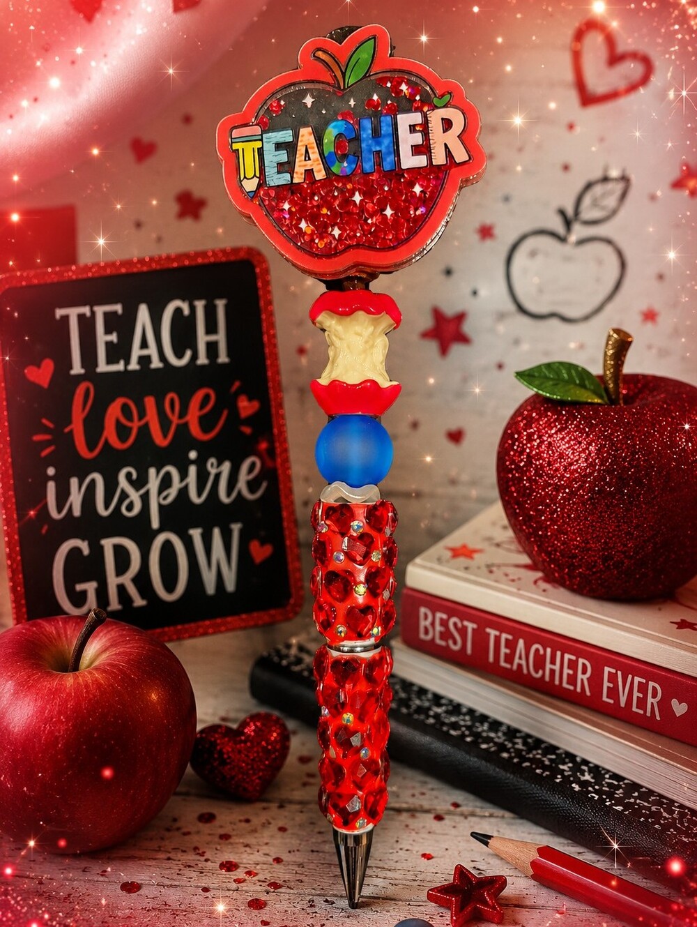 Handmade Teacher Apple Pen Red And Blue